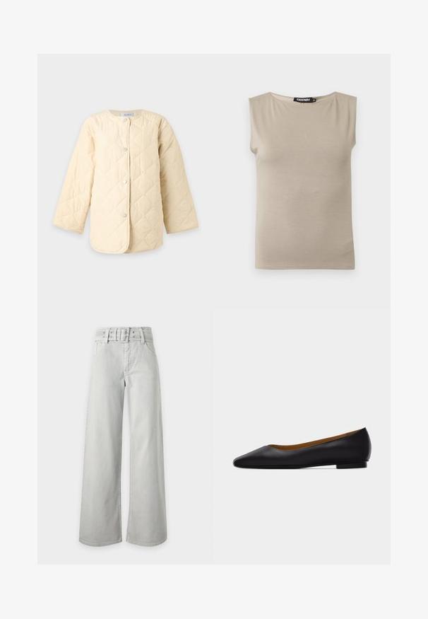 Veste matelassée couleur crème avec manches longues et fermeture à boutons-pression, présentant un motif en losange et un col rond.; Haut beige en coton sans manches avec larges bretelles et col rond, taille moyenne, posé à plat sur fond blanc.; Jean gris clair taille haute à jambes larges, avec poches avant, passants de ceinture et ceinture en tissu assortie avec boucle.; Chaussure plate en cuir noir à bout pointu avec talon bas et finition lisse, vue de côté sur un fond gris clair.