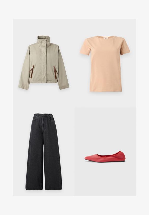 Beige jakke med høy krage, lange ermer og to frontlommer med glidelås, aksentert med brune lærtrekk, vist på ensfarget bakgrunn.; Beige T-skjorte med korte ermer og rund hals med rett kant på ensfarget lys grå bakgrunn.; Svarte jeans med vide ben og høy midje, knappelukking, frontlommer, og subtil vertikal "Weekend MaxMara"-tekst langs sidesømmene.; Filippa K REY FLATS - Ballerinasko - bright red