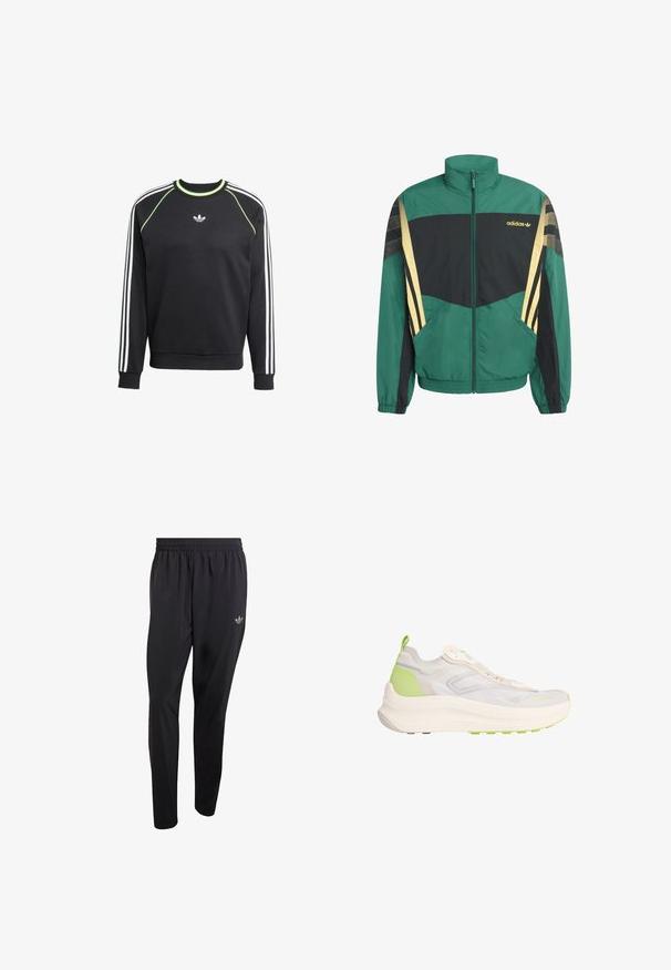 Veste verte et noire avec accents dorés, équipée d'un col montant, d'une fermeture éclair et de poches latérales. Fabriquée en matériau léger et texturé.; Sweat-shirt noir avec un design à trois rayures blanches sur les manches et des accents vert citron. Il présente un col rond et un petit logo sur la poitrine.; Pantalon de sport noir en tissu léger, doté d'une taille élastique et d'un petit logo embossé en haut de la jambe gauche.; Baskets athlétiques beige clair et vert avec une semelle épaisse, une tige en mesh, une languette au talon et un marquage subtil sur la zone des orteils.
