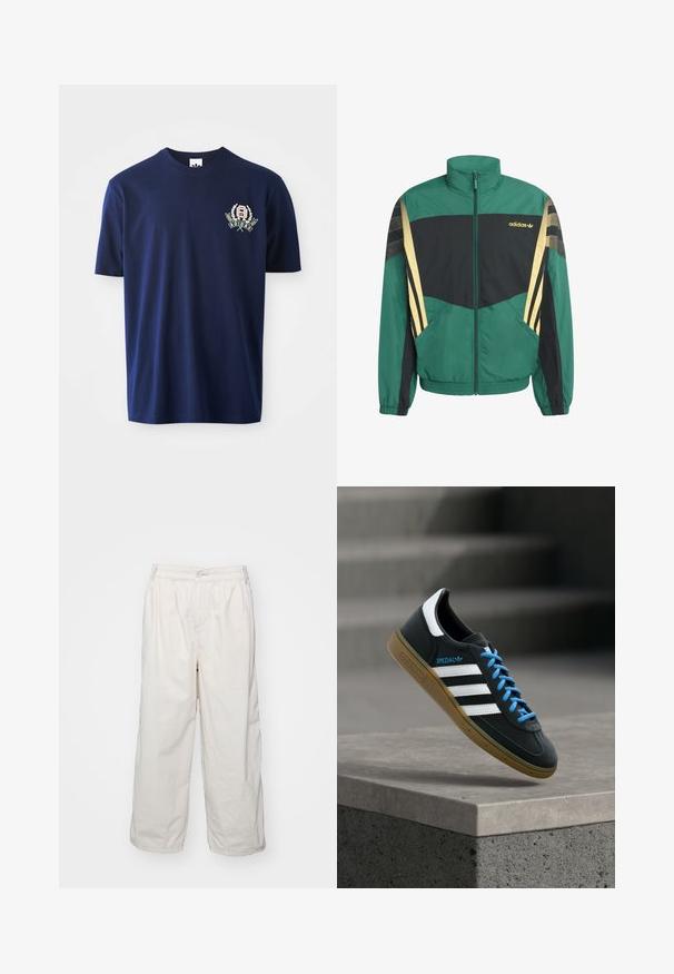 Grüne und schwarze Jacke mit goldenen Akzenten, ausgestattet mit hohem Kragen, Reißverschluss und Seitentaschen. Hergestellt aus leichtem, strukturiertem Material.; Navyblaue Baumwoll-T-Shirts mit kurzen Ärmeln, Rundhalsausschnitt und gesticktem Logo mit Lorbeerakzenten auf der linken Brust.; Weiße Baumwoll-Hosen mit weitem Bein und elastischem Bund, ausgestattet mit einem vorderen Knopfverschluss und seitlichen Taschen. Glatte Textur und minimalistisches Design.; Schwarzer Adidas-Sneaker mit weißen Streifen, blauen Schnürsenkeln und Gummisohle, der über einer grauen Betontreppe im weichen Licht schwebt.