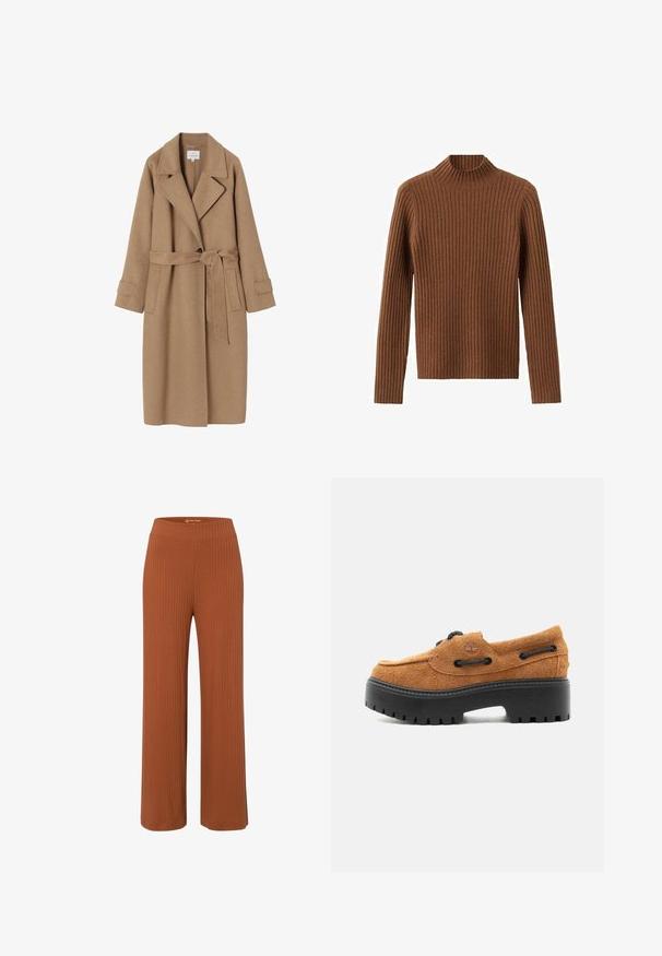 Beige uldblandings trenchcoat med spids krave, bælte i taljen, sidelommer og opsmøgede ærmer. Glat tekstur og minimalistiske designdetaljer.; Brun ribstrikket sweater med høj hals og lange ærmer. Teksturen er blød med ensartede lodrette striber over hele.; Rustfarvede bukser med vidde, lavet af ribbet stof med elastisk talje, der har en glat tekstur og en afslappet pasform.; Brun mokkasinsko i ruskind med kraftig sort sål med mønster, snøredetaljer og præget logo på siden, vist fra ydersiden.