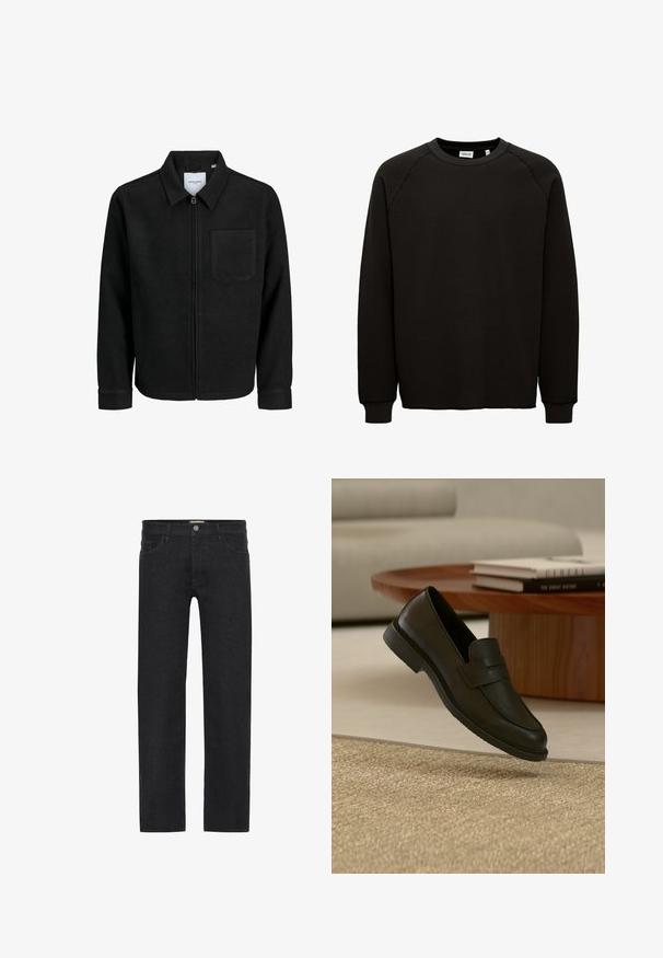 Sort lynlåsjakke med krave og en enkelt brystlomme, vist på hvid baggrund.; Sort crew neck sweatshirt lavet af tekstureret stof, med raglanærmer og ribbede manchetter, samt en lige nederkant.; Sorte lige ben jeans lavet af denim, der har en knaplukning i taljen, fem lommer og et minimalistisk design uden synlige mønstre.; Sort læderloafer vist i luften over en beige vævet tæppe, med et træbord og stablede bøger i et blødt oplyst stue.