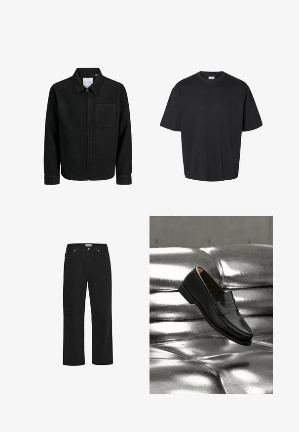 Chaqueta negra con cremallera y cuello, con un solo bolsillo en el pecho, expuesta sobre un fondo blanco.; Camiseta negra de manga corta con cuello redondo, corte holgado y una etiqueta blanca visible en el interior del cuello.; Vaqueros de mezclilla negra con corte recto, diseño de cinco bolsillos, detalles en hardware de cobre y una cinta de cintura resistente. Textura suave, estilo sin adornos.; Zapato mocasín de cuero negro flotando sobre un sofá plateado brillante con tapizado capitoné de cuero en un ambiente minimalista.