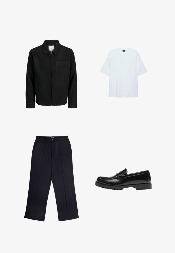 Sort lynlåsjakke med krave og en enkelt brystlomme, vist på hvid baggrund.; Hvid, oversized T-shirt med korte ærmer og rund halsudskæring, med en sort etiket inde i kraven på en hvid baggrund.; Sorte viddebukser lavet af glat stof med lynlås og knaplukning samt forlommer. Bemærkelsesværdige folder ned ad hvert ben.; Sort læderloafer med en kraftig gummisål og klassiske penny-strap detaljer, vist fra ydersiden.