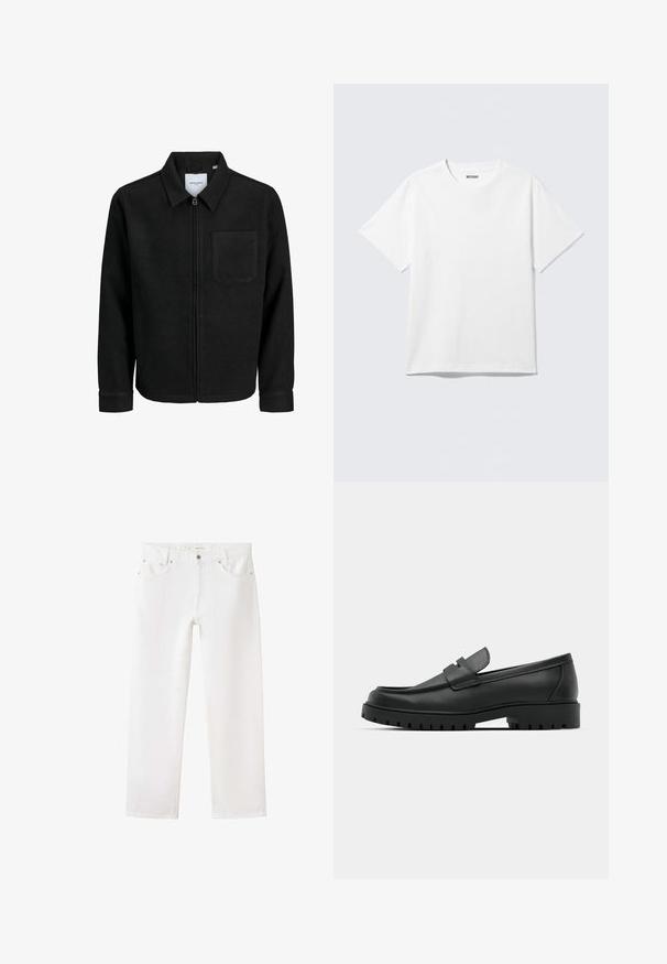 Veste zippée noire avec col et poche poitrine unique, présentée sur fond blanc.; T-shirt blanc à manches courtes et col rond, étalé à plat, design uni, avec l'étiquette "WEEKDAY" à l'intérieur du col sur un fond clair.; Jean blanc à jambes droites avec poches avant, passants pour ceinture et fermeture par bouton sur fond blanc uni.; Mocassins en cuir noir à bout arrondi, avec un design cousu, une semelle plateforme basse et une semelle en caoutchouc texturée et crantée.