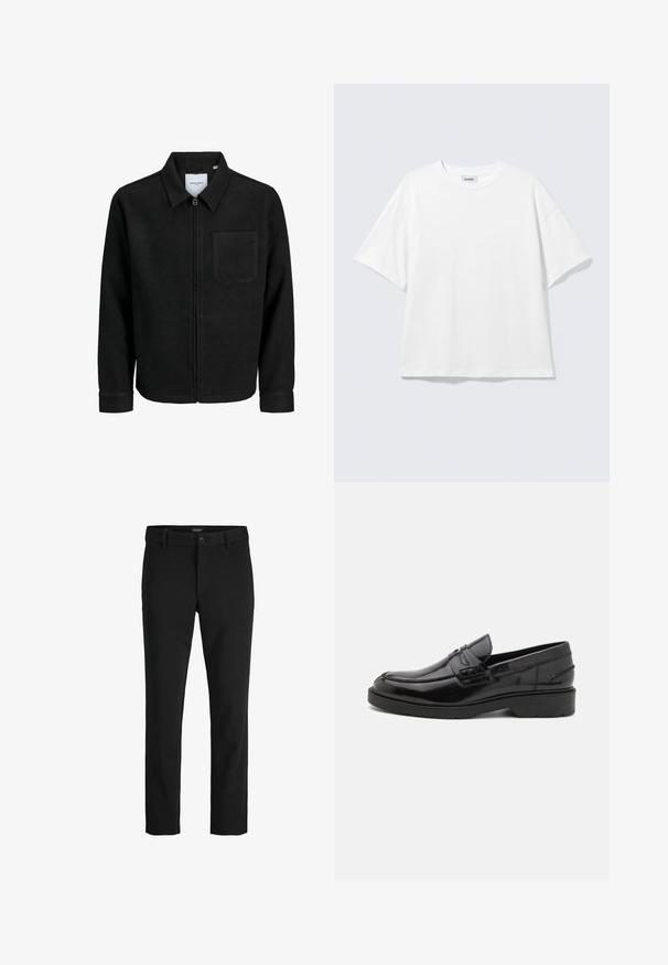 Veste zippée noire avec col et poche poitrine unique, présentée sur fond blanc.; T-shirt blanc oversize à manches courtes, col rond, épaules tombantes, posé à plat sur fond gris clair.; Pantalon noir slim-fit avec passants pour ceinture, fermeture par bouton et devant lisse.; Mocassins en cuir noir avec une finition lisse, un bout rond, un petit talon et descoutures décoratives à l'avant. Semelle en caoutchouc pour l'adhérence.