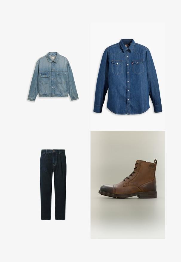 Lyseblå denimjakke med to forlommer, knaplukning, lange ærmer og en klassisk krave, lagt fladt på en hvid baggrund.; Denim skjorte i mørkeblå med lange ærmer, spids krave og trykknapper. Har to brystlommer med klapper og kontrastsying.; Mørk denim bukser med løs pasform, der har høj talje, plisseringer, frontknaplukning og gyldne kontrastsyninger.; Brun læderstøvle med snørebånd, sort tåhætte, rund sål og mærket detalje på siden mod ensfarvet baggrund.