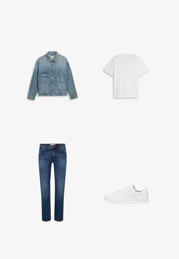 Chaqueta vaquera azul claro con dos bolsillos delanteros, cierre de botones, mangas largas y cuello clásico, extendida sobre un fondo blanco.; Camiseta blanca lisa de manga corta y cuello redondo, colocada plana sobre un fondo blanco.; Vaqueros de mezclilla en azul oscuro con un diseño de pierna recta, estilo de cinco bolsillos y costura en contraste. Cintura estándar con cierre de botón.; Zapatilla blanca de corte bajo con cierre de cordones, parte superior de cuero liso, cuello acolchado y suela gruesa de goma, mostrada en perfil lateral sobre fondo blanco.