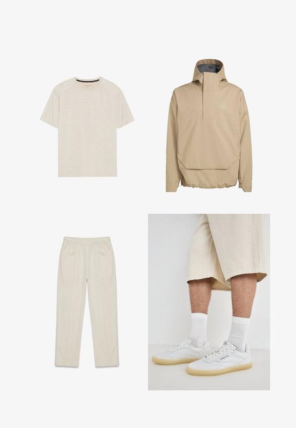 Beige wasserdichte Pullover-Jacke mit hohem Kragen, Fronttasche und elastischen Bündchen. Verfügt über ein dezentes Logo auf der Brust.; Helles beige T-Shirt mit kurzen Ärmeln aus strukturiertem Stoff, das einen runden Ausschnitt und Raglanärmel aufweist. Dezentes horizontales Streifenmuster.; Beige gerade geschnittene Hose mit elastischem Bund und seitlichen Taschen, versehen mit abgesteppten Bügelfalten an der Vorderseite jedes Beins.; Weisse Leder-Sneaker mit Kautschuksohlen, versehen mit perforierten Akzenten, Schnürsenkeln und einem Logo auf der Zunge. Getragen mit weissen Crew-Socken und beigen Shorts.