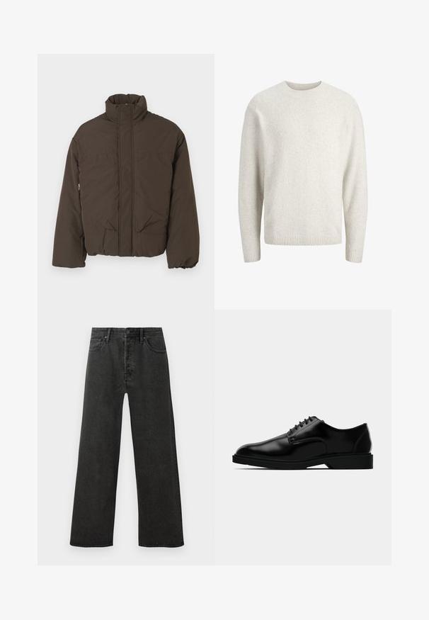 Veste matelassée brune avec un col haut, une fermeture éclair à l'avant, deux poches latérales et une texture matelassée. Conçue pour la chaleur et le confort.; Pull long uni de couleur crème avec un col rond et des poignets et ourlet côtelés.; Jeans en denim noirs taille haute à coupe droite avec bouton à l'avant, fermeture éclair et design à cinq poches sur fond blanc.; Chaussure habillée en cuir noir avec une finition lisse, bout rond, système de laçage, et semelle en caoutchouc discrète pour une meilleure traction.