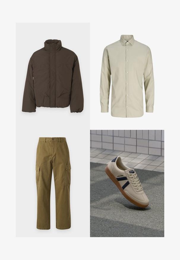Brun puffjakke med høj krave, frontlynlås, to sidelommer og quiltet tekstur. Designet til varme og komfort.; Beige langærmet herreskjorte med knaplukning foran og spids krave, vist mod hvid baggrund.; Oliven grønne cargo bukser lavet af bomuld, med lige ben, front knaplukning og to sidelommer med klaplukninger.; Beige sneaker med struktureret overflade, marineblå striber og gummisål. Har en polstret tunge og traditionelt snørresystem for en sikker pasform.