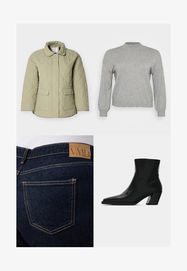 Lysegrøn quiltet jakke med krave, to forlommer og lige snit. Fremstillet af et glat, let skinnende materiale.; Lysegrå strikket sweater med lange ærmer, ribbestrikket rund hals, manchetter og kant, præsenteret på en hvid baggrund.; Mørkeblå denimjeans med synlige orange syninger og en brun læderlap med mærket "VMD" over den bageste højre lomme.; Sortlæder ankelstøvle med spids tå, en slank silhuet og en kraftig firkantet hæl. Glat tekstur med minimale stikninger.
