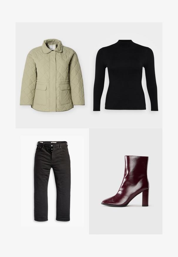 Lysegrøn quiltet jakke med krave, to forlommer og lige snit. Fremstillet af et glat, let skinnende materiale.; Sort langærmet turtleneck top lavet af blødt, glat stof. Slim fit med høj hals og lige kant, præget af minimale sømme og uden mønstre.; Sorte denim jeans med lige ben, med knaplukning, fem lommer og diskrete syninger. Glat tekstur.; Skinnende mørk bordeaux læderstøvle til midt på læggen med spids tå og blokeret høj hæl på neutral baggrund.