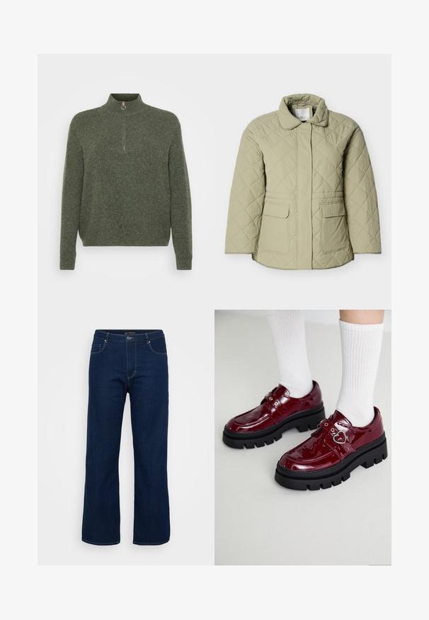 Veste matelassée vert clair avec col, deux poches frontales et coupe droite. Conçue dans un matériau lisse et légèrement brillant.; Pull en tricot vert foncé, présentant un col haut avec une fermeture éclair demi-zip et une texture côtelée sur toute la surface.; Jean en denim bleu foncé avec une coupe droite, dotés d'une fermeture éclair, de cinq poches et de coutures visibles.; Chaussures en cuir verni bordeaux avec une semelle noire épaisse, double sangle avec un détail en forme de cœur, et des chaussettes blanches à côtes. Design rétro avec une traction épaisse.