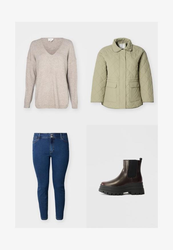 Hellgrüne gesteppte Jacke mit Kragen, zwei Vordertaschen und geradem Schnitt. Hergestellt aus einem glatten, leicht glänzenden Material.; Beige V-Ausschnitt Pullover aus weichem Strickmaterial, mit entspanntem Schnitt, überschnittenen Schultern und gerippten Bündchen und Saum.; Blaue Skinny-Jeans mit hoher Taille, zwei vorderen Knöpfen, vorderen Taschen und Gürtelschlaufen, präsentiert vor einem einfarbigen hellen Hintergrund.; Braune Leder-Ankle-Boots mit elastischen Seitenpaneelen, robuster schwarzer Plateau-Sohle und Zugschlaufe. Sie verfügen über eine glatte Oberfläche und ein robustes Profil.