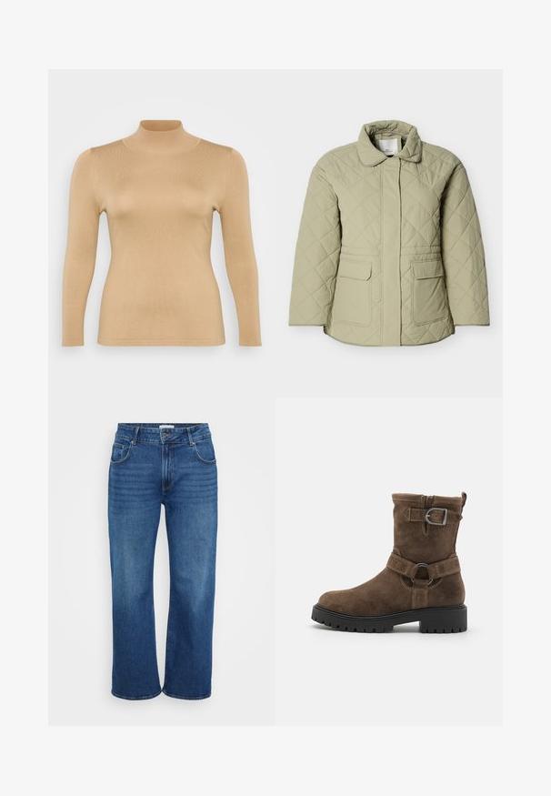 Lysegrøn quiltet jakke med krave, to forlommer og lige snit. Fremstillet af et glat, let skinnende materiale.; Beige rullekravebluse med lange ærmer, ribbet tekstur, tætsiddende design og høj krage. Glat materiale uden synlige udsmykninger.; Bredde ben jeans i mørkeblå denim. Har fem lommer, bælteskydere og svag falmning langs benene. Glat tekstur med en standart pasform.; Brun ruskindsankelstøvle med et let slasket design, der har en metalspændeaccents og en robust sort gummisål.