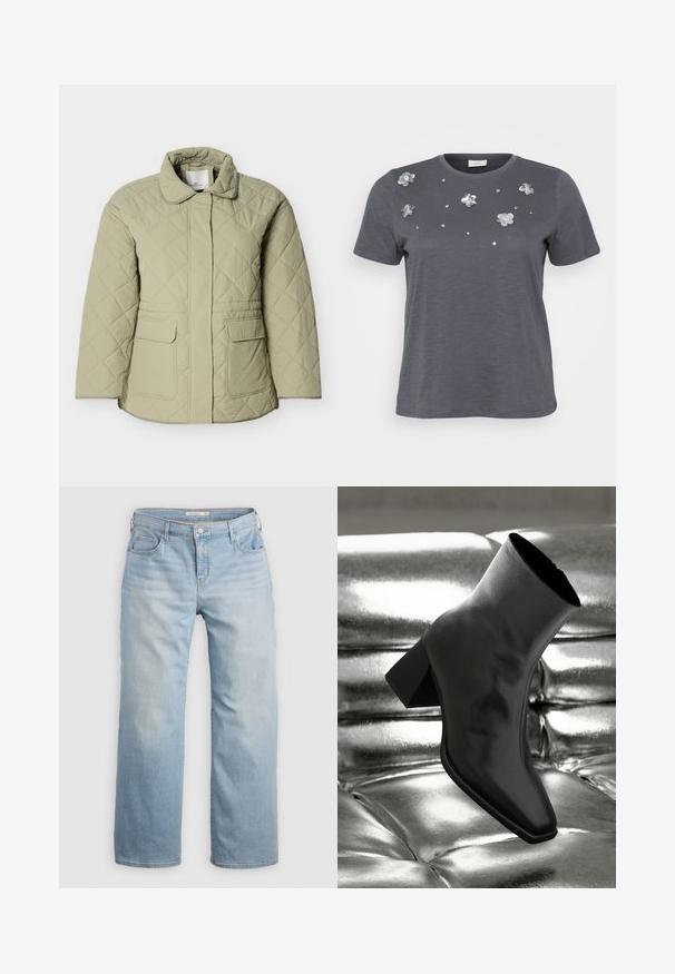 Lysegrøn quiltet jakke med krave, to forlommer og lige snit. Fremstillet af et glat, let skinnende materiale.; Grå bomulds T-shirt med korte ærmer, prydet med metallic blomsterapplikationer og palietter arrangeret på forsiden. Blød tekstur, afslappet pasform.; Lyseblå vide jeans lavet af denim. Har høj talje, fem lommer og kontrastsyede detaljer. Glat tekstur med en slidseffekt.; Sorte ankelstøvler lavet af glossy materiale med firkantet tå og spidse hæle, sat mod en skinnende sølv tuftet baggrund.