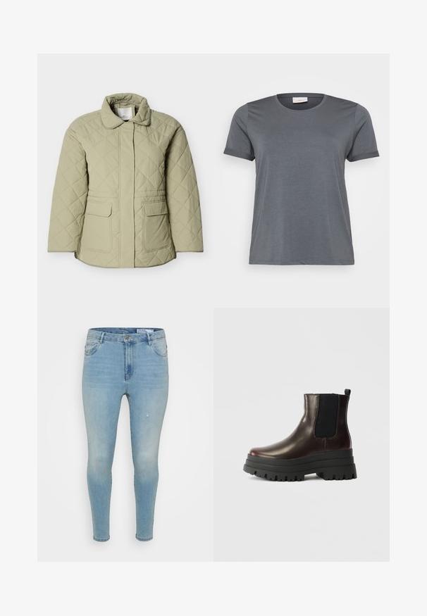 Lysegrøn quiltet jakke med krave, to forlommer og lige snit. Fremstillet af et glat, let skinnende materiale.; Grå kortærmet T-shirt lavet af blødt stof, med en klassisk rund halsudskæring og oprullede ærmer. Glat tekstur uden synlige mønstre.; Lyseblå denimbukser med slim fit, der har en mellemhøj talje, klassisk fem-lomme design og subtile slidte detaljer på fronten.; Brun læder ankelstøvle med elastiske sidepaneler, chunky sort platformssål og pull tab. Har en glat overflade og robust mønster.