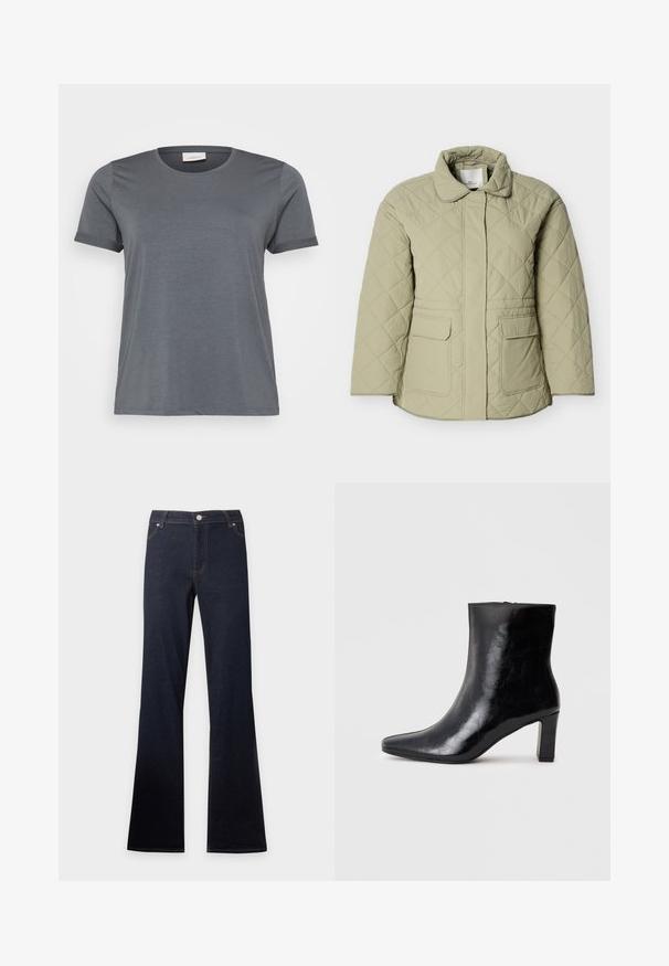 Hellgrüne gesteppte Jacke mit Kragen, zwei Vordertaschen und geradem Schnitt. Hergestellt aus einem glatten, leicht glänzenden Material.; Graues kurzärmliges T-Shirt aus weichem Material mit klassischem Rundhalsausschnitt und aufgerollten Ärmeln. Glatte Textur ohne sichtbare Muster.; Dunkelblaue Jeans aus Denim mit hoher Taille und ausgestellten Beinen, mit Vordertaschen, Knopf- und Reißverschluss.; Schwarze Knöchelstiefel aus glänzendem Leder mit spitzem Zustand und mittelhohem Blockabsatz, mit glatter Textur und einfachem Design.