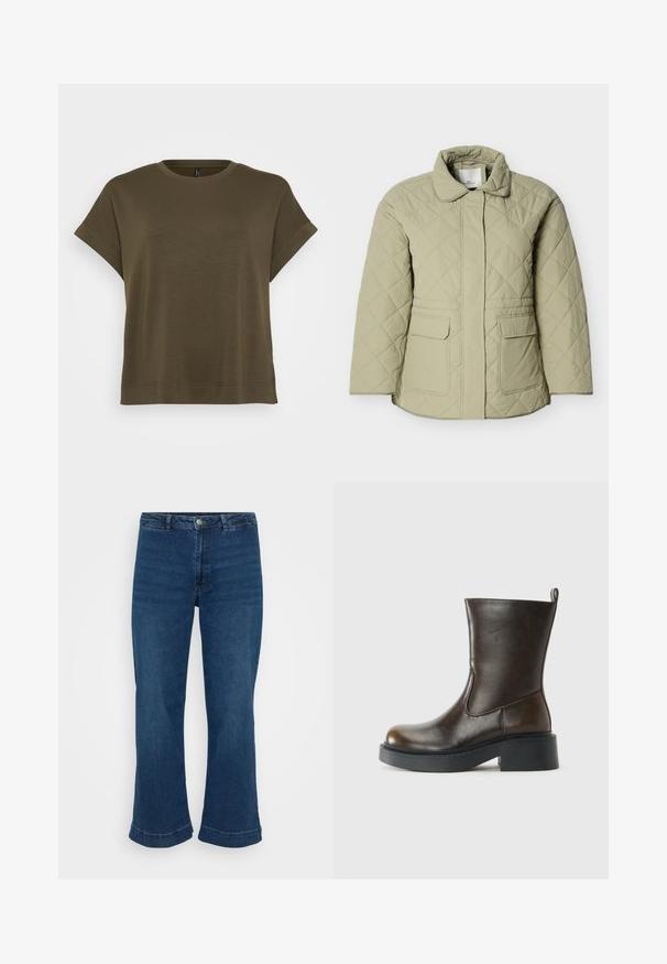 Veste matelassée vert clair avec col, deux poches frontales et coupe droite. Conçue dans un matériau lisse et légèrement brillant.; Vero Moda Curve VMCHALI - T-shirt basique - grape leaf; Jean bleu taille haute avec une jambe droite et un ourlet évasé, en denim. Présente un design classique à cinq poches et une fermeture à bouton en métal.; Botte en cuir marron foncé jusqu'au mollet avec un bout rond, épaisse semelle noire, petit talon block, et une languette à l'arrière.