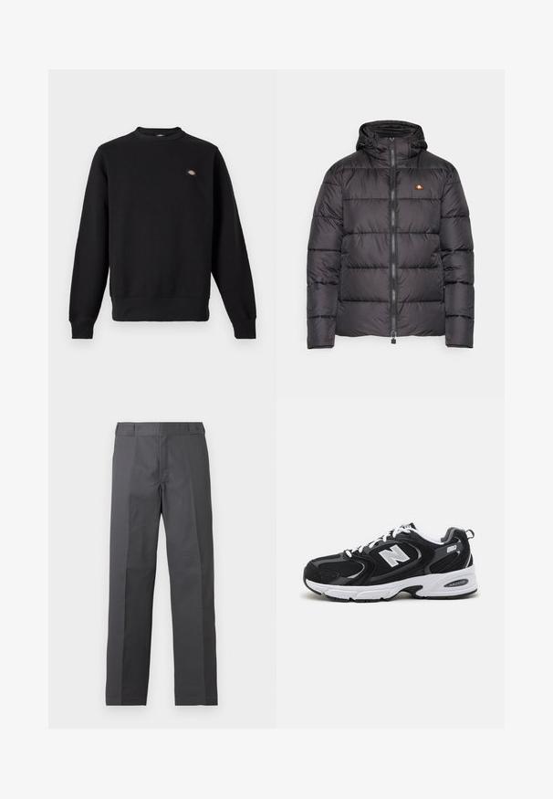 Doudoune noire avec capuche, présentant des sections matelassées horizontales et une fermeture éclair à l'avant. Inclut un petit logo sur la poitrine.; Sweat-shirt noir à col rond, manches longues, poignets et ourlet côtelés, avec un petit patch rectangulaire avec logo sur la poitrine gauche.; Pantalon gris foncé à jambes droites avec un devant plat et sans poches visibles, présenté sur un fond blanc uni.; Baskets de sport noires et grises avec un tige en mesh et en suède, présentant une semelle intermédiaire blanche, des lacets et un logo "N" audacieux sur le côté.