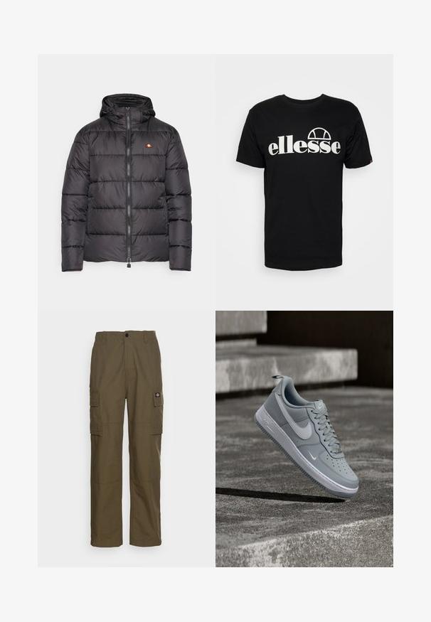 Chaqueta acolchada negra con capucha, que presenta secciones acolchadas horizontales y un cierre frontal. Incluye un pequeño logo en el pecho.; Camiseta de algodón negra con mangas cortas y cuello redondo. Presenta un gran logo blanco de "ellesse" y un gráfico curvado encima del texto.; Pantalones cargo en verde oliva, hechos de un tejido resistente. Presenta dos bolsillos laterales, una cintura estándar y un diseño de pierna recta.; Zapatilla Nike Air Force 1 gris con el logo Swoosh blanco, flotando sobre una superficie de concreto texturizado y con unas escaleras de fondo.