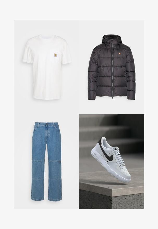Sort pufferjakke med hætte, med vandrette quiltede sektioner og en lynlås foran. Inkluderer et lille logo på brystet.; Hvid bomulds T-shirt med korte ærmer, en brystlomme, og et lille firkantet logo patch i orange og hvid på lommen.; Lysblå denim jeans med en afslappet pasform, der har patchwork-paneler, knaplukning i toppen, fem-lomme design og subtil branding på benet.; Hvid Nike Air Force 1 sneaker med sort swoosh-logo, svævende over en betonforkant med slørede trapper i baggrunden.