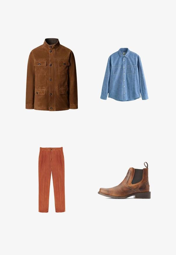 Chaqueta de ante marrón con cuello de pie, cierre frontal con botones y cuatro bolsillos con solapa y botón, mostrada desde el frente sobre fondo blanco.; Camisa azul de chambray de manga larga con botones al frente y dos bolsillos en el pecho, desplegada sobre un fondo blanco.; Pantalones de pana en color óxido, con corte recto, bolsillos delanteros y cierre de botón en la cintura. Patrón de superficie texturizada.; Botas Chelsea de cuero marrón con puntera redondeada, paneles laterales elásticos y una pequeña tira de agarre; acabado texturizado y sutiles detalles de costura.