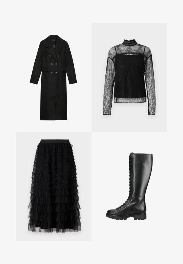 Sort dobbeltbrystet frakke lavet af uldblanding, med store guldtonede knapper, jakkeslag og sidelommer. Langærmet design.; Sort langærmet bluse i blonde med høj krave, detaljeret blomsterdesign, gennemsigtig stof og solidt panel over brystområdet.; Vero Moda VMNAJA Mid waist Long - Maxinederdele - black; Høj sort læder snørestøvle med tyk sål og rund tå, designet til både stil og holdbarhed.