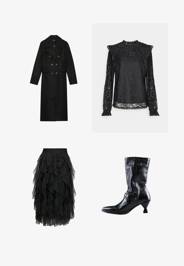 Manteau noir à double boutonnage en mélange de laine, doté de grands boutons dorés, de revers en pointe et de poches latérales. Conception à manches longues.; PIECES Tall PCOLLINE - Blouse - black; Jupe noire en tulle superposé avec un design à volants. Elle dispose d'une taille élastique. Le tissu transparent ajoute de la texture et du mouvement.; Botte en cuir noir mi-mollet avec bout pointu, bride décorative et boucle, et un talon unique incliné en forme de cône.