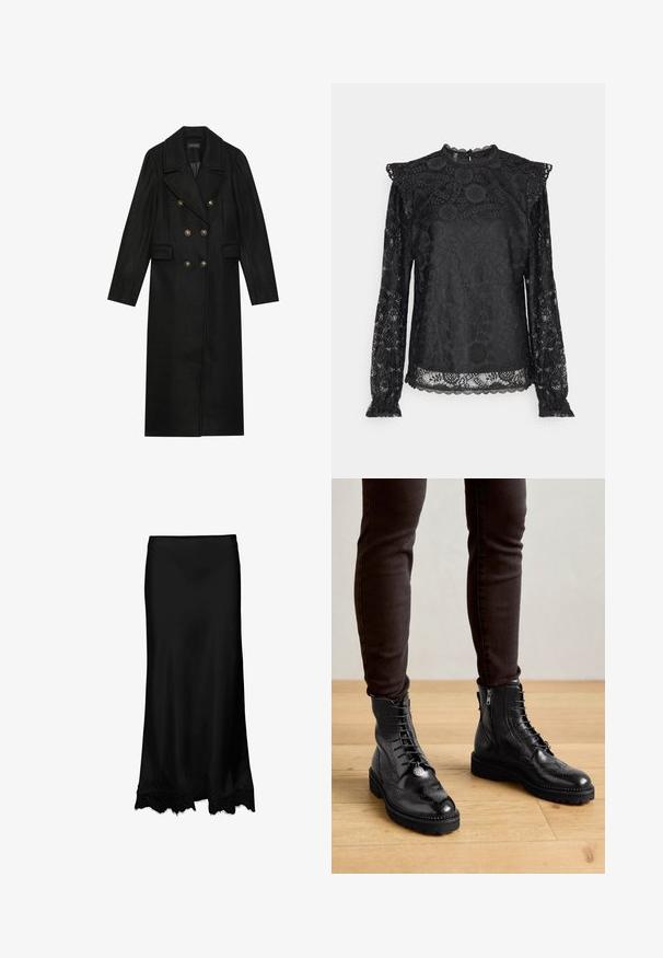 Manteau noir à double boutonnage en mélange de laine, doté de grands boutons dorés, de revers en pointe et de poches latérales. Conception à manches longues.; PIECES Tall PCOLLINE - Blouse - black; Jupe en satin noir à la texture lisse, dotée d'un ourlet en dentelle aux bords festonnés. Silhouette simple et longue sans ornement.; Bottines en cuir noir avec des détails de brogue, un laçage à l'avant, des fermetures éclair sur les côtés et des semelles en caoutchouc texturé. Associées à un pantalon slim noir.