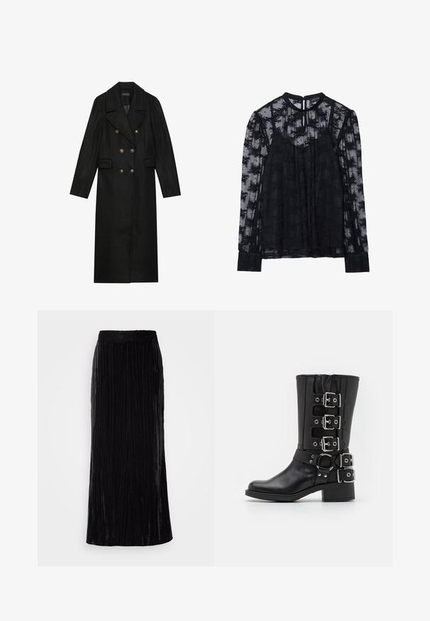Manteau noir à double boutonnage en mélange de laine, doté de grands boutons dorés, de revers en pointe et de poches latérales. Conception à manches longues.; Blouse noire transparente avec de longues manches en dentelle et un col haut. Motif floral décoratif sur l'ensemble. Fermeture en clé à l'arrière et poignets ajustés.; Jupe maxi en velours noir avec des plis verticaux et une ceinture en dentelle sculptée. Le tissu a une apparence douce et texturée.; Botte en cuir noir avec un haut tige, dotée de plusieurs boucles et sangles en argent, d'un accent circulaire et d'un talon épais. Fini mat.