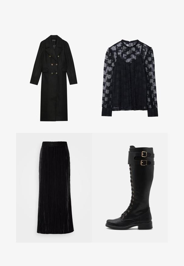 Manteau noir à double boutonnage en mélange de laine, doté de grands boutons dorés, de revers en pointe et de poches latérales. Conception à manches longues.; Blouse noire transparente avec de longues manches en dentelle et un col haut. Motif floral décoratif sur l'ensemble. Fermeture en clé à l'arrière et poignets ajustés.; Jupe maxi en velours noir avec des plis verticaux et une ceinture en dentelle sculptée. Le tissu a une apparence douce et texturée.; Bottes en cuir noires montantes avec des accents en métal doré, présentant un laçage à l'avant, deux courroies à boucle et un talon carré.