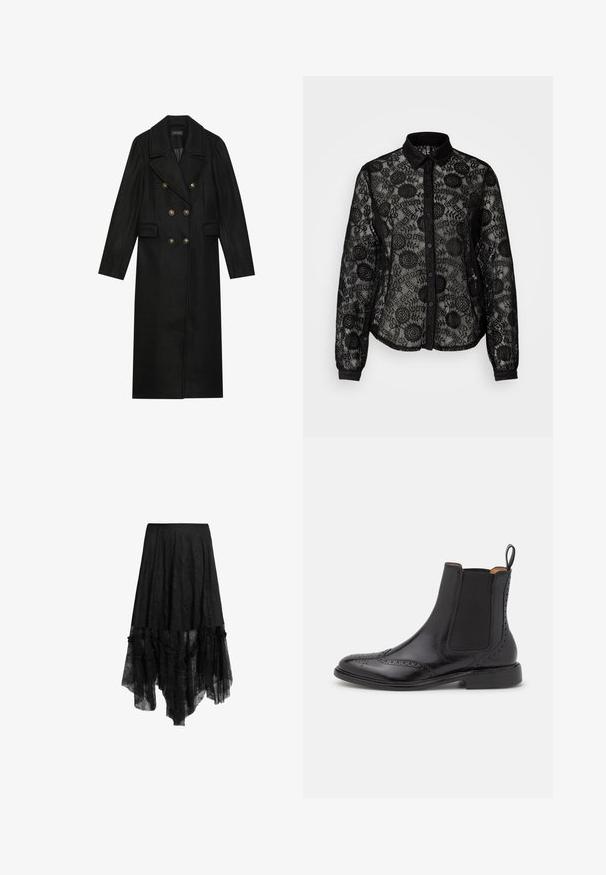 Sort dobbeltbrystet frakke lavet af uldblanding, med store guldtonede knapper, jakkeslag og sidelommer. Langærmet design.; Sort blonde skjorte med lange ærmer, knaplukning foran, blomstermønster og kravehals. Gennemsigtigt stof med struktureret detaljering.; Sort høj-lav nederdel med gennemsigtig blondeoverdel og flæset kant, med en fitted linning og teksturerede stofdetaljer.; Sorte læder Chelsea støvler med elastiske sidepaneler, en broguedesign på tåen og en lavprofil gummisål.
