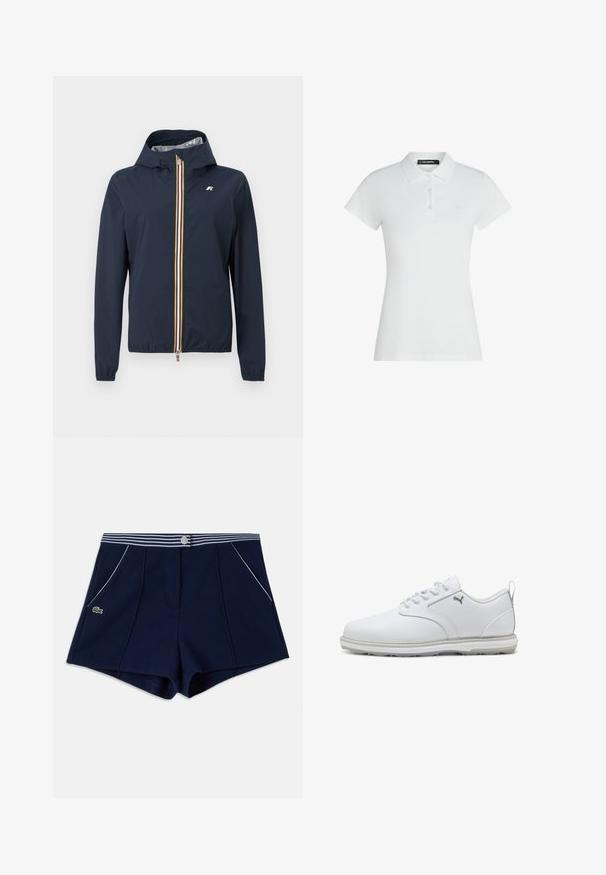 Marineblauw jack met capuchon, elastische manchetten, verticale ritssluiting aan de voorkant met witte, gele en oranje strepen, en een klein logo op de borst.; Witte polo met korte mouwen, drie knopen, een kraag en een subtiel geborduurd logo op de linkerborst.; Marineblauwe shorts met een witte gestreepte tailleband, vooraan een drukknoop, zijzakken met witte bies en een klein groen krokodillenlogo aan de linkerkant.; Witte sportschoenen met een gladde synthetische lederen bovenkant, geperforeerde accenten, gewatteerde kraag en rubberen zool met goede grip. Zilveren logo detail.