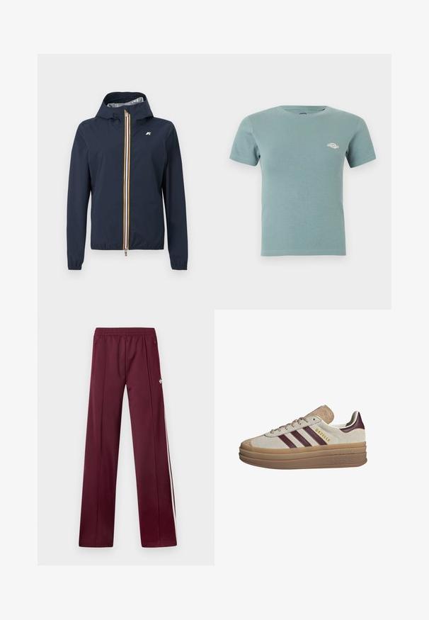 Marineblauw jack met capuchon, elastische manchetten, verticale ritssluiting aan de voorkant met witte, gele en oranje strepen, en een klein logo op de borst.; Korte mouw, lichtblauw geribd katoenen T-shirt met een klein wit logo op de linkerborst en een ronde hals.; Wijnrode trainingsbroek met elastische tailleband, zijzakken met rits, witte zijstrepen en een klein wit Adidas-logo op de rechterdij.; Beige suède sneakers met bordeauxrode strepen, witte accenten, een chunky doorschijnende zool en verhoogde branding aan de zijkant. Vetersluiting.