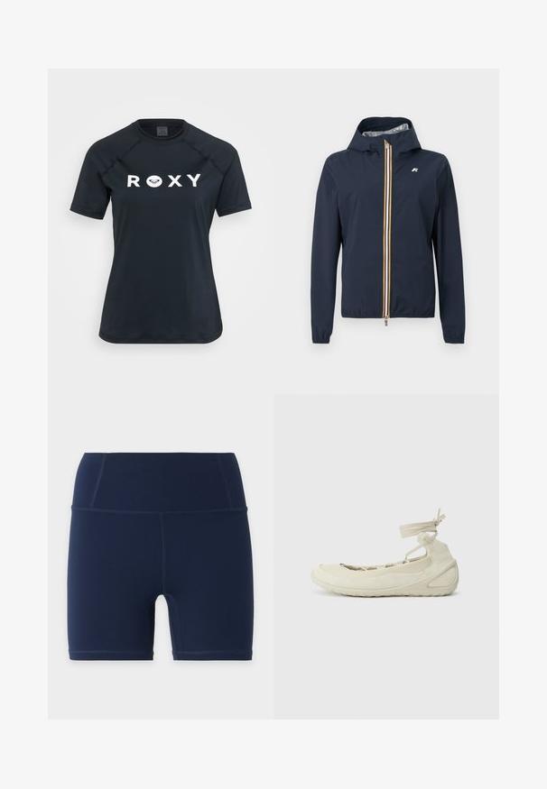 Marineblå hættejakke med elastiske manchetter, lodret frontlynlås med hvide, gule og orange striber samt lille logo på brystet.; Sort kortærmet rash guard lavet af strækbart materiale, med et hvidt "ROXY" logo på forsiden og en rund halsudskæring.; Marineblå højtaljede tætsiddende shorts med flade syninger og længde til midt på låret, vist på en ensartet lys baggrund.; Lys beige ballet flats med rund tå, snørebånd om anklen, struktureret overflade og fleksibel såldesign. Velegnet til hverdag.