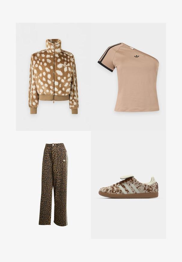 Bruine en witte gespikkelde nepbontjas met rits, hoge kraag, geribde manchetten en zoom, en logo op de linkerborst.; Beige sports top met één schouder, zwarte strepen op de korte mouw en klein zwart Adidas-logo op de borst.; Lepaardprint wijde broek in bruin met zwarte vlekken, voorzien van een hoge taille en witte zijstrepen, gemaakt van katoen.; Sneaker met een beige en bruine gespikkelde patroon, voorzien van drie witte strepen, een klittenbandsluiting en een bruine rubberen zool.