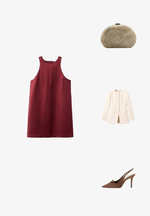 Lys beige skræddersyet jakke med en tætsiddende design, rund halsudskæring og forlommer. Glat stof med en minimal æstetik.; Bourgogne ærmeløs kjole med høj hals, sidelommer og en glat tekstur. Stoffet synes let og veltrimmet.; Brun pointed-toe slingback højhælet sko med en lille sløjfe foran og en slank stiletthæl.; Lille beige marmoreret hård skal clutch-pung med rundet form og guldlås på toppen.