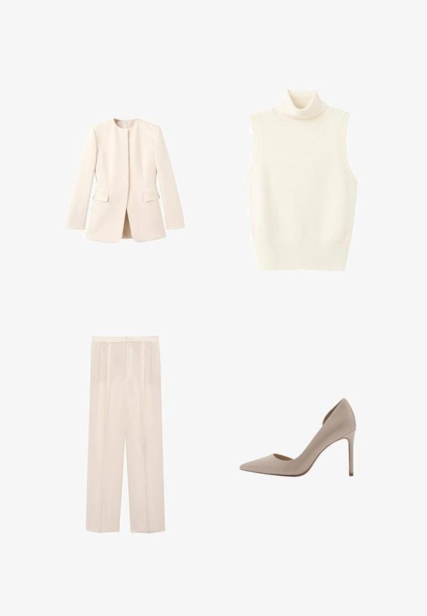 Lys beige skræddersyet jakke med en tætsiddende design, rund halsudskæring og forlommer. Glat stof med en minimal æstetik.; Ærmeløs rullekrave lavet af blødt, cremefarvet stof. Har ribbet hals og kant, glat tekstur og tætsiddende silhuet.; Beige brede bukser med pressefolder og en glat tekstur. Har en skræddersyet talje og to sidelommer.; Beige patenteret læder højhælet pumpe med spidse tæer, lavudskårne sider og en slank hæl. Glat struktur med en blank finish.