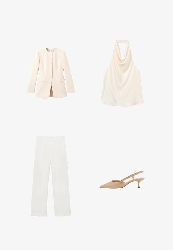 Hellbeige maßgeschneiderte Jacke mit einer figurbetonten Passform, runder Halslinie und Fronttaschen. Glattes Material mit einem minimalistischen Design.; Cremefarbenes ärmelloses Neckholder-Top mit drapiertem Wasserfallausschnitt und Rückenverschluss.; Weite Hosen aus weißem Stoff mit glatter Textur, klaren Linien und einem subtilen Glanz, ohne sichtbare Beschläge oder Muster.; Spitze nude Slingback-Absätze mit niedrigem Kitty-Freilauf, aus glänzendem Material, mit einem schlanken Riemen und verstellbarer Schnalle.