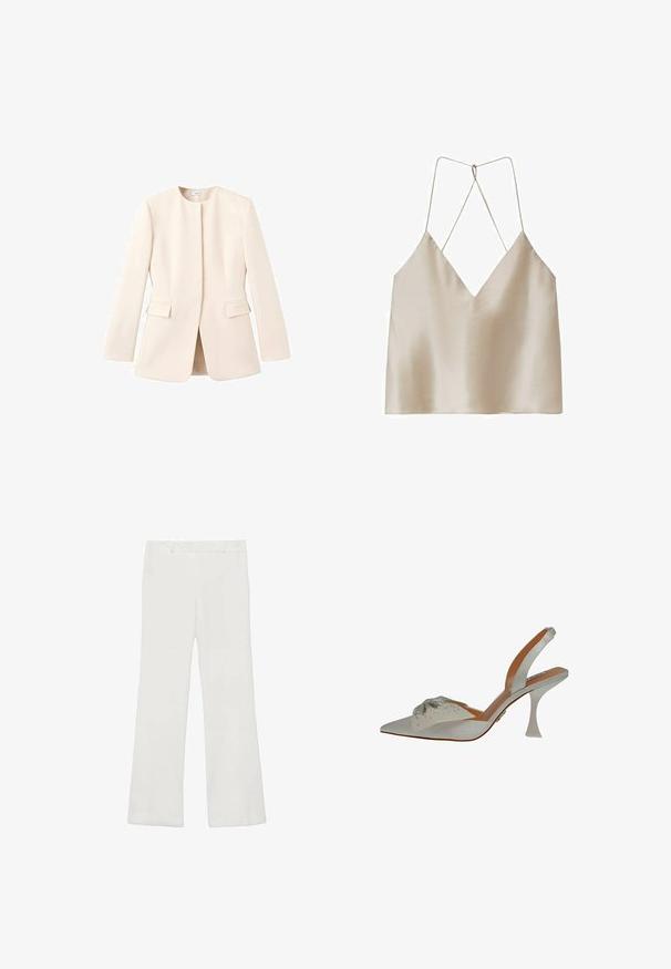 Lys beige skræddersyet jakke med en tætsiddende design, rund halsudskæring og forlommer. Glat stof med en minimal æstetik.; Beige satin camisole med dyb V-hals og tynde, krydsede spaghettistropper bagpå.; Hvide, vide bukser lavet af letvægtsstof, med en glat overflade og uden synlige mønstre eller hardware.; Hvide satin slingback sko, spidse tå, udsmykket med sølvperler. Har en slank, klar hæl og en struktureret, dekorativ detalje på overdelen.