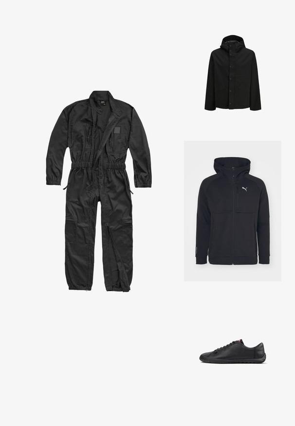 Sort vandtæt jakke med hætte, trykknaplukning og to forlommer med et enkelt design og glat tekstur.; Brandit BRANDIT HERREN EINSATZKOMBI - Buksedragter - black; Sort zip-up hættejakke lavet af blødt stof, med hætte, sidelommer og et hvidt logo på venstre bryst. Glat tekstur med en moderne pasform.; Sort sneakers med lav profil i læder, snørelukning foran, tekstureret sål og lille rød logofane på tungen, vist fra siden.