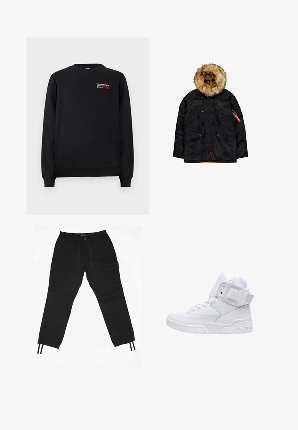 Schwarze isolierte Parkajacke mit großer gefütterter Kapuze, Knopf- und Reißverschlussfront, Taschen mit Klappen und rotem "Remove Before Flight"-Tag am Ärmel.; Schwarzer Sweatshirt aus Baumwollmischung, mit Rundhals, gerippten Bündchen und einem kleinen rot-weißen "New Balance"-Logo auf der Brust.; Schwarze Cargo-Hosen mit elastischem Bund, Kordelzügen, mehreren Seitentaschen und schmal zulaufenden Beinen. Hergestellt aus strapazierfähigem Stoff mit einer glatten Textur.; Weißer High-Top-Sneaker mit dicker Sohle, Schnürung vorne, gepolstertem Knöchelkragen und Klettverschluss vor schlichtem weißem Hintergrund.