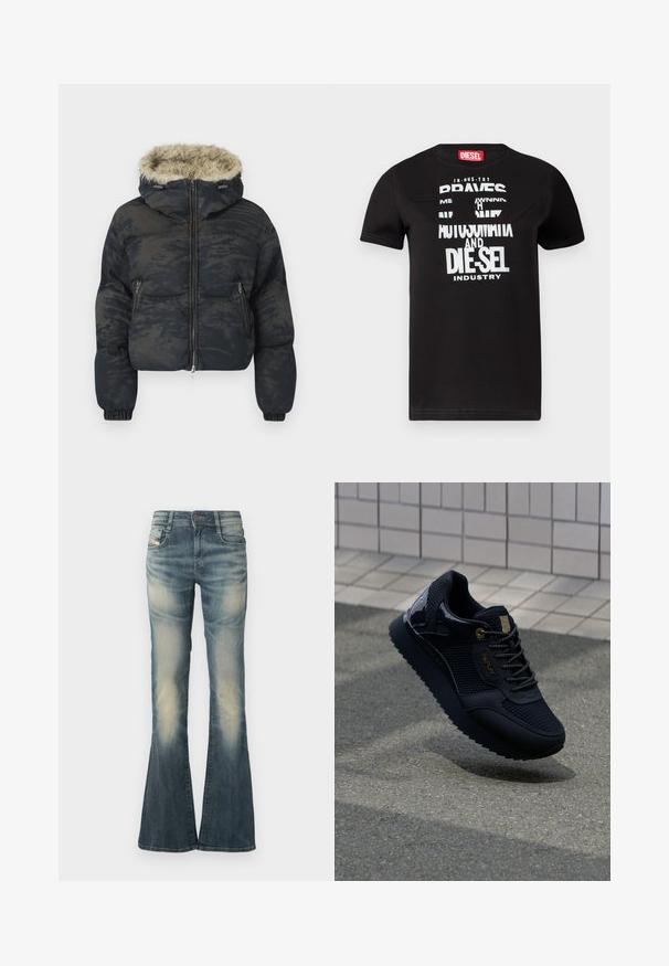 Donsjack in donkerblauw met een gestructureerde, geprinte afwerking. Beschikt over een bontvoering capuchon, ritssluiting en elastische manchetten.; Zwart katoenen T-shirt met een uniek grafisch ontwerp met witte tekst 'BRAVES', gedetailleerde uitsnijding en een rood label bij de hals.; Wijde spijkerbroeken in vervaald blauw met lichte slijtage. Voorzien van een knoopsluiting aan de voorkant, vijf zakken en een taille met middenhoogte.; Zwarte sneaker met een bovenwerk van mesh, glanzende accenten, gouden hardware, een gestructureerde zool en een gewatteerde kraag voor comfort.