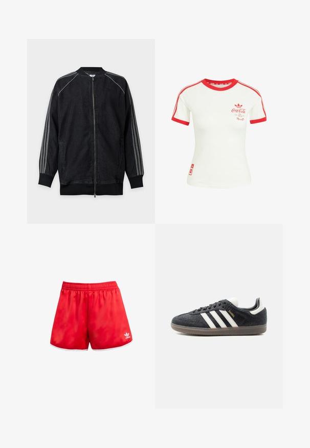 Sort lynlåstrøje med ribbet krave og manchetter, med tre lysegrå striber, der løber langs ærmerne fra skulder til håndled.; Hvid T-shirt med korte ærmer med rød krave, ærmekant, striber og Coca-Cola-logo på brystet og nederste side.; Røde sportsbukser med elastisk talje, hvid kant ved sømmen og en subtil glans. Har Adidas-logoet i hvid på den nederste venstre side.; Sort Adidas Samba sneaker med hvide striber, gumisål og guldfarvet "Samba" tekst på siden, vist fra venstre profil på ensfarvet baggrund.