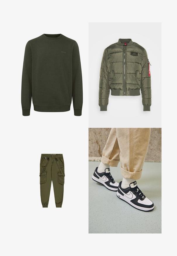 Olivgrüne Steppjacke mit horizontalen Nähten, gerippten Bündchen und Saum, Reißverschluss und einem roten Akzent an der Ärmeltasche.; Olivgrüner Sweatshirt aus weichem Stoff, mit rundem Halsausschnitt, langen Ärmeln und gerippten Bündchen. Subtiles "blend"-Logo in passender Farbe.; Olivgrüne Cargo-Hosen mit verstellbaren Trägern, mehreren Fronttaschen, elastischen Bündchen und einem strapazierfähigen Stoff. Mit Metallbeschlägen als Akzent.; Schwarz-weiße Nike Air Force 1 Sneaker mit einem Obermaterial aus Leder, perforierter Zehenpartie und strukturiertem Sohlendesign, getragen mit aufgerollten beigen Hosen und weißen Socken.