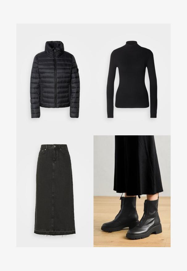 Sort pufferjakke med høj krave, der har quiltede paneler, en frontlynlås og elastiske sidelommer. Letvægts- og kompakt design.; Sort turtleneck sweater lavet af let strikket stof. Har lange ærmer, et tætsiddende design og en blød ribbet tekstur.; Sort denim midi-nederdel med en tætsiddende talje, frontknaplukning og frynset kant. Har klassisk fem-lomme-design og let struktur.; Sorte læder ankelstøvler med en kraftig platformsål og en frontlynlås. Glat tekstur med et minimalistisk design.