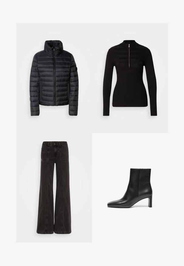 Sort pufferjakke med høj krave, der har quiltede paneler, en frontlynlås og elastiske sidelommer. Letvægts- og kompakt design.; Sort langærmet polo sweater med halvlukning, prydet med vandrette stribemønstre og ribbet tekstur ved ærmerne og kanten.; Sorte vide ben jeans lavet af denim, med høj talje, frontlommer og tonet syninger langs sømmene.; Sort læder ankelstøvle med spids tå, snæver hæl og glat tekstur; har en lynlåslukning i siden.