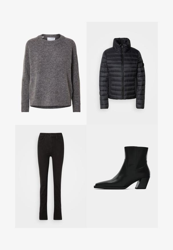 Doudoune noire avec col montant, dotée de panneaux matelassés, d'une fermeture éclair à l'avant et de poches latérales élastiques. Design léger et compact.; Pull en laine gris à manches longues pour femme, col rond, poignets et ourlet côtelés, étiqueté Selected Femme.; Jean en denim noir avec une coupe slim, taille haute, design à cinq poches et bas évasé. Texture lisse sans logos ni embellissements visibles.; Bottine en cuir noir avec un bout pointu, une silhouette élégante et un talon carré massif. Texture lisse avec des détails de couture minimalistes.